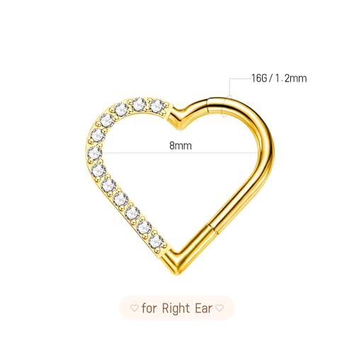 Cartilage Daith Earrings For Women Small 14K Gold Plated Hoop Hypoallergenic Helix Piercing Huggie Surgical Steel Diamond Implant Cubic Zirconia Prom Gift Jewelry - color: Right Ear-Gold, size: 16g-8mm
