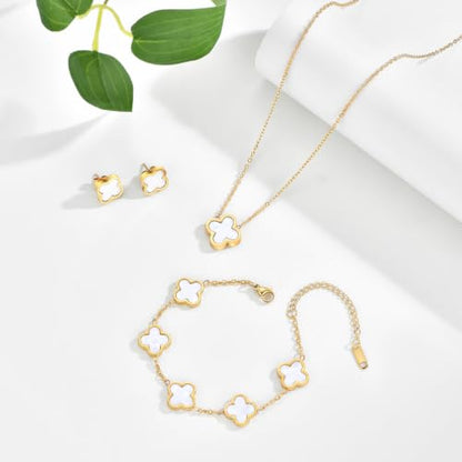 Clover Necklace Bracelet and Stud Earrings Jewelry Sets for Women | 18K Gold Plated Stainless Steel, Black/White Four Leaf Clover set,Christmas Birthday Lucky Gifts for Mom Wife Girlfriend - color: Gold White 3PCS