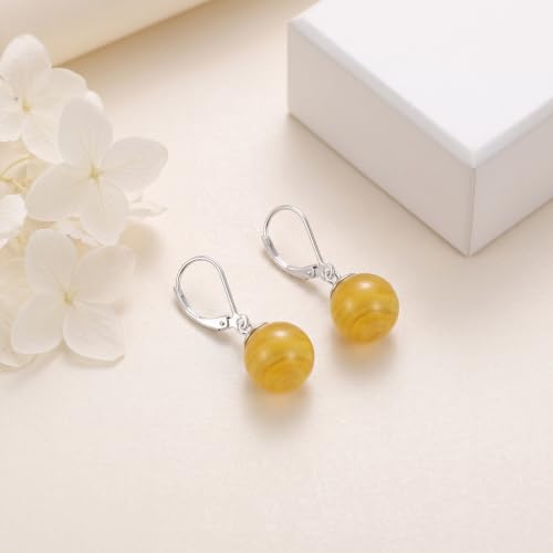 Pearl Leverback Earrings for Women Dangle Round Gemstone Earrings Birthstone Jewelry Gift Anniversary for Her - color: 16 Yellow agate