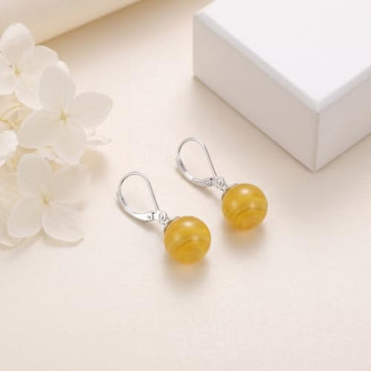 Pearl Leverback Earrings for Women Dangle Round Gemstone Earrings Birthstone Jewelry Gift Anniversary for Her - color: 16 Yellow agate