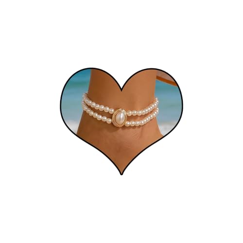Layered Pearl Ankle Bracelets Dainty Boho Pearl Stretch Ankle Chain Trendy Waterproof Non Tarnish Anklets Summer Beach Foot Chain Jewelry Gifts for Her