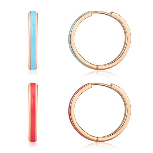JINEAR 2 Pairs Gold Hoop Earrings for Women Dainty Huggie Earrings Set | 14K Gold Plated Cubic Zirconia Hypoallergenic Lightweight Waterproof Cartilage Hoop Earrings Trendy Jewelry Gift - color: enamel earrings-blue red