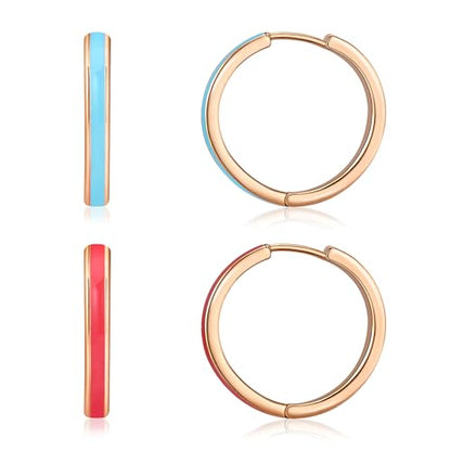 JINEAR 2 Pairs Gold Hoop Earrings for Women Dainty Huggie Earrings Set | 14K Gold Plated Cubic Zirconia Hypoallergenic Lightweight Waterproof Cartilage Hoop Earrings Trendy Jewelry Gift - color: enamel earrings-blue red
