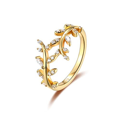 Olive Branch Ring for Women 925 Sterling Silver 14K Gold plated thin Paved CZ Cubic Zirconia Thumb Pinky Wrap Around leaf Ring Promise Stackbale Band Size 5-10 - color: 14K Gold