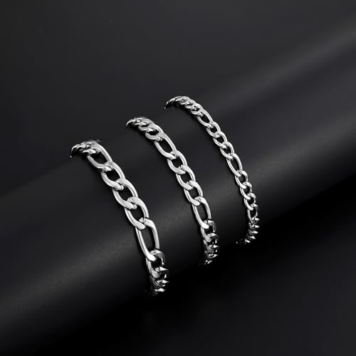 Fiusem Figaro Link Mens Bracelet | 5/7/8mm Stainless Steel Link Chain Bracelets for Men, 6.7"/7.5"/8.3"/9.0" Length - color: 7mm width-steel, size: 8.3 inches