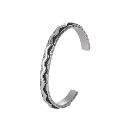 Navajo-Style Geometric Cuff Bracelet, Stainless Steel Western Southwestern Tribal Open Bangle for Men Women, Vintage Oxidized Statement Jewelry