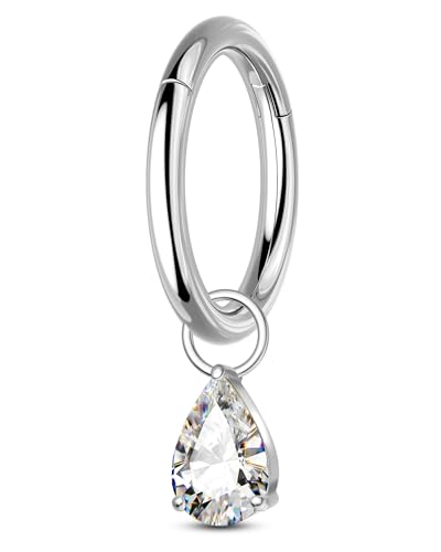COCHARM Titanium Clicker Hoop Belly Button Ring, 8mm 14G Teardrop Belly Navel Ring, Dangling Hoop Belly Piercing Jewelry Nickel Free - color: Silver-Clear CZ