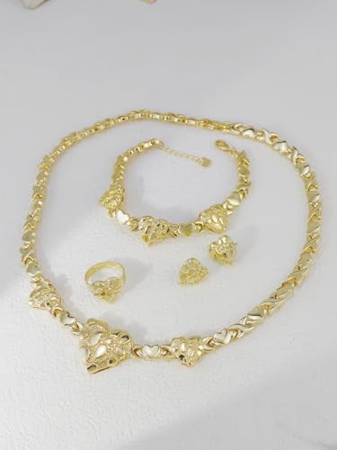 Women's Gold wedding Jewelry Set Tricolor Hugs Kisses Heart necklace set - color: 3 Heart Set