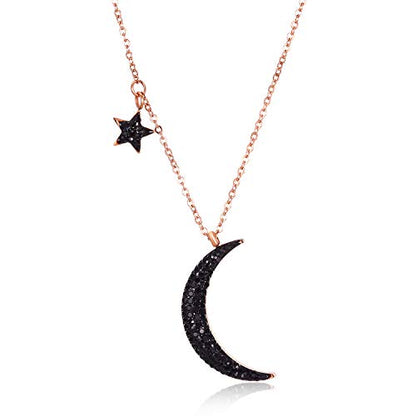 Black Crystal Cubic Zirconia Star Moon Crescent Pendant Necklace for Women | Rose Gold Plated Stainless Steel Crescent Moon Jewelry