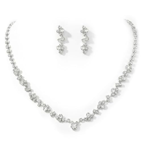 Unicra Bride Crystal Necklace Earrings Set Bridal Wedding Jewelry Sets Rhinestone Choker Necklace Costume Jewelry Set for Women and Brides - color: Silver Necklace Earrings