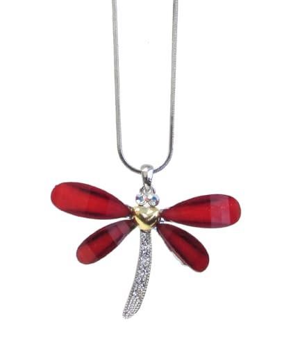 Fashion Jewelry ~ Dragonfly Pendant Necklace Red Clear Silvertone
