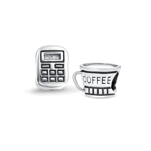 Bling Jewelry .925 Sterling Silver Latte Travel Mug Cup Coffee & Bookkeeper Accountant Math Student Calculator Charm Bead for Bracelet (Set of 2)