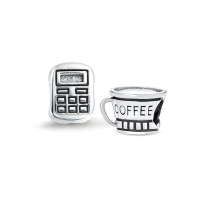 Bling Jewelry .925 Sterling Silver Latte Travel Mug Cup Coffee & Bookkeeper Accountant Math Student Calculator Charm Bead for Bracelet (Set of 2)