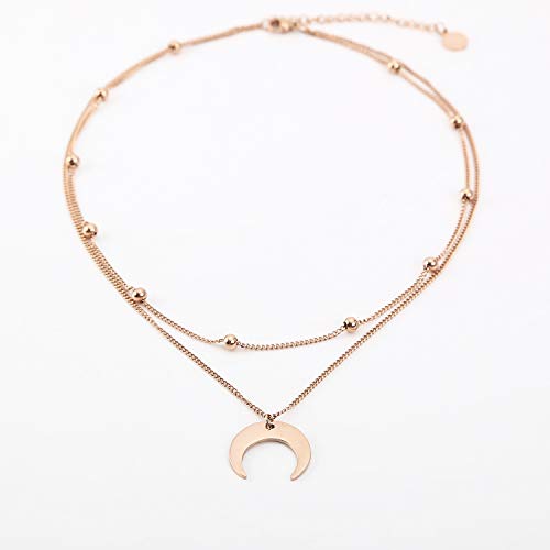 BaubleStar Crescent Pendant Necklace Layering Titanium Chain Choker for Women - color: RoseGold
