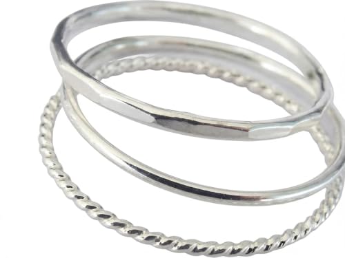 Solid 925 Sterling Silver Tone 3-Piece Stackable Set Smooth Hammered Twisted Texture Bands in Polished Handmade Women's Ring