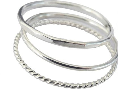 Solid 925 Sterling Silver Tone 3-Piece Stackable Set Smooth Hammered Twisted Texture Bands in Polished Handmade Women's Ring