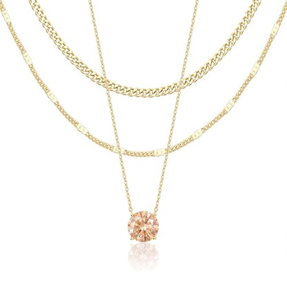 WomenGifts Layered Gold Necklaces for Women, 14K Gold Sterling Silver Plated Dainty Pendant Necklace Set Non Tarnish, Chunky Stackable Cuban Chain Choker, Trendy Birthstone Vacation Jewelry Gift - color: Gold, style: Cubic Zirconia-Created Citrine-Nov