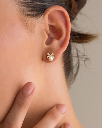 Stud Earrings for Women- 14K Gold/White Gold Plated/Black Bow Dragon Softball Snake Bat Stud Earrings - color: Bow Pearl