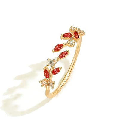 Gold Rings Non Tarnish Silver Adjustable Rings for Women Cubic Zirconia Leaf Ring Dainty Silver Stackable Ring for Women - style: red