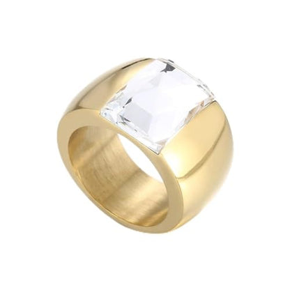 OIDIMS Stunning Large Statement Glass Crystal Rhinestone Band Cocktail Ring Cubic Zirconia Stainless Steel Thick Chunky for Women Men18k Gold Plated Friend Graduation Gift Evening Party - color: Clear, size: 7