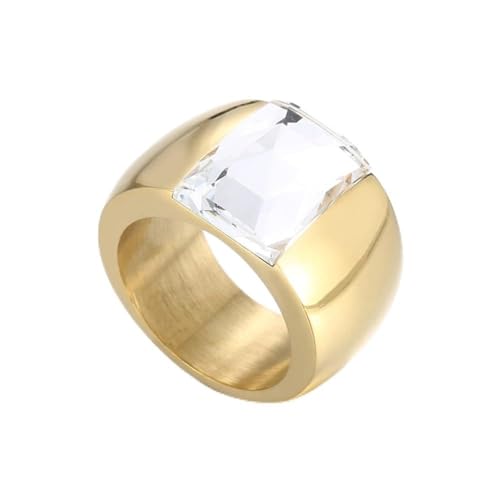 OIDIMS Stunning Large Statement Glass Crystal Rhinestone Band Cocktail Ring Cubic Zirconia Stainless Steel Thick Chunky for Women Men18k Gold Plated Friend Graduation Gift Evening Party - color: Clear, size: 7