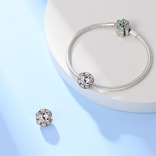 Star Moon 925 Sterling Silver Birthstone Charm for Bracelet Women Jewelry - color: October