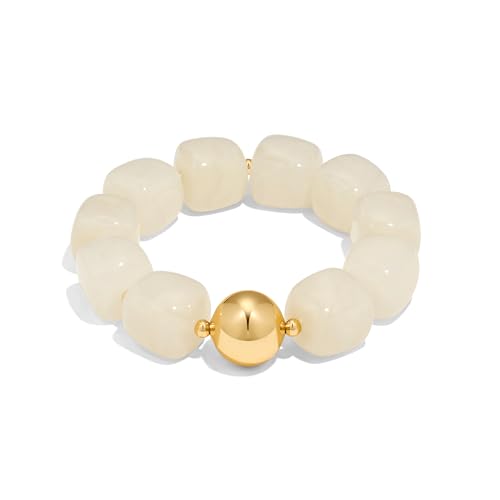 WOWORAMA Chunky Beaded Bracelets for Women Colorful Large Square Beads Bracelet Boho Acrylic Resin Stretch Bracelets Statement Chunky Bracelet Summer Jewelry - color: Square-Cream White