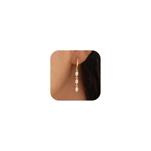 Dangle Earrings for Women Trendy, 14K Gold Plated CZ Huggie Drop Earrings, Dainty Long Chain Prom Wedding Jewelry Gift for Her - style: Marquise CZ