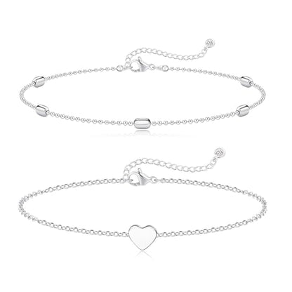 Gold Silver Ankle Bracelets for Women Waterproof 14K Gold Plated Anklets for Women Non Tarnish Dainty Layered Beaded Heart Anklet Set Summer Beach Foot Chain Jewelry Gifts Trendy Stuff - color: E- Heart Anklets- Silver