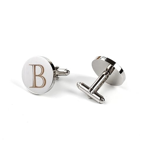 Mens Initial Silver Cufflinks A-Z Alphabet Letter Steel Cuff Links with Engraved Walnut Wood Box Groom Groomsman Wedding Set… - style: B