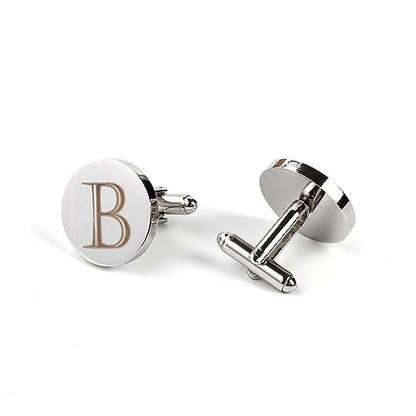 Mens Initial Silver Cufflinks A-Z Alphabet Letter Steel Cuff Links with Engraved Walnut Wood Box Groom Groomsman Wedding Set… - style: B