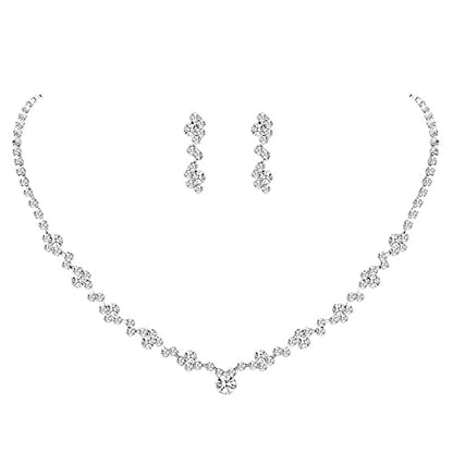 Silver Bridal Earrings and Necklace Set, Crystal Wedding Jewelry Set Gifts for Women