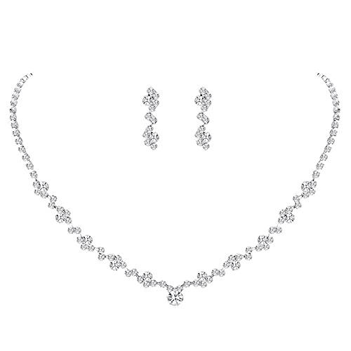 Silver Bridal Earrings and Necklace Set, Crystal Wedding Jewelry Set Gifts for Women
