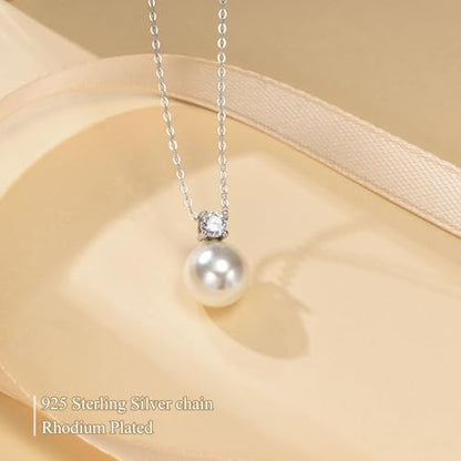 Pearl Necklace for Women 925 Sterling Silver Single Pearl Jewelry with Shell Pearl Pendant - Dainty Choker Necklace Suitable for Anniversary, Wedding, Birthday Gifts - color: CZ Silver