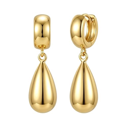 14K Gold Plated Chunky Huggie Hoop Earrings, Plump Teardrop Dangle Drop Earrings Elegant Statement Jewelry for Women - color: teardrop-long/gold