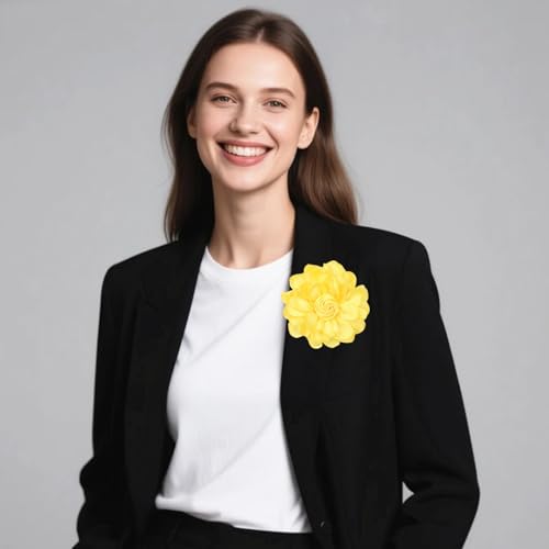 Satin Rose Flower Brooch Hair Clip for Women 4.3 Inch Floral Pin for Hats Dress Everyday Outfits Beach Vacations - color: Yellow