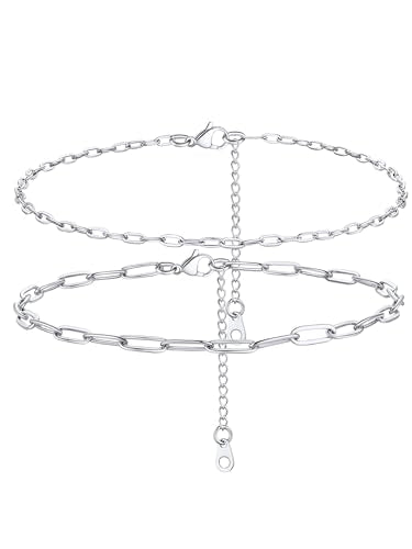 PROSTEEL Ankle Bracelets for Women, Silver/Gold/Black, Waterproof Anklets | Waterproof, Stainless Steel, Summer Beach Jewelry, Durable & No Tarnish, Come with Gift Box, 8-10.5" Adjustable, Plus Size - color: K: silver-paperclip chain(2pcs)