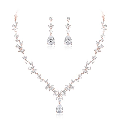 Gorgeous Wedding Jewelry Set for Women Bridal Cubic Zirconia Marquise Teardrop Leaf Cluster Y-Necklace Dangle Earrings Link Bracelet - color: 2PCS-Clear Rose-Gold-Plated-Brass