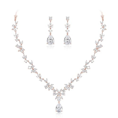 Gorgeous Wedding Jewelry Set for Women Bridal Cubic Zirconia Marquise Teardrop Leaf Cluster Y-Necklace Dangle Earrings Link Bracelet - color: 2PCS-Clear Rose-Gold-Plated-Brass