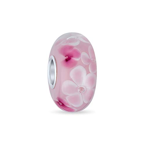 Bling Jewelry .925 Sterling Silver Murano Glass Floral Blue Green Pink Red Black White Flower Spacer Charm Bead For Women Teen for Bracelet - color: Pink