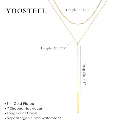 Yoosteel Long 14K-Gold-Plated Necklace for Women,Layered Lariat Necklaces | Dainty Y Drop Necklaces, Western Necklace Stack,Simple Bar Heart Circle Pendant,Prom Choker Chain Jewelry,Trendy Gifts - color: Layered Bar Y-Shaped Necklace