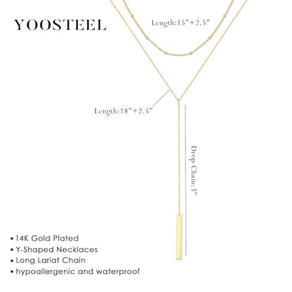 Yoosteel Long 14K-Gold-Plated Necklace for Women,Layered Lariat Necklaces | Dainty Y Drop Necklaces, Western Necklace Stack,Simple Bar Heart Circle Pendant,Prom Choker Chain Jewelry,Trendy Gifts - color: Layered Bar Y-Shaped Necklace