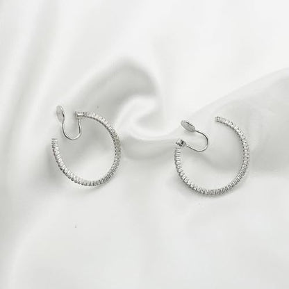 Gold Clip On Hoop Earrings for Women Large Rhinestone Statement Hoops Non Pierced Earrings Wedding Bridesmaid Party Jewelry - color: A2:silver earrings（4cm）