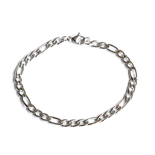Silver tone chain bracelet for men, flat cable Figaro chain, waterproof stainless steel, custom size gift for him, minimalist subtle jewelry