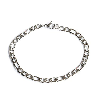 Silver tone chain bracelet for men, flat cable Figaro chain, waterproof stainless steel, custom size gift for him, minimalist subtle jewelry