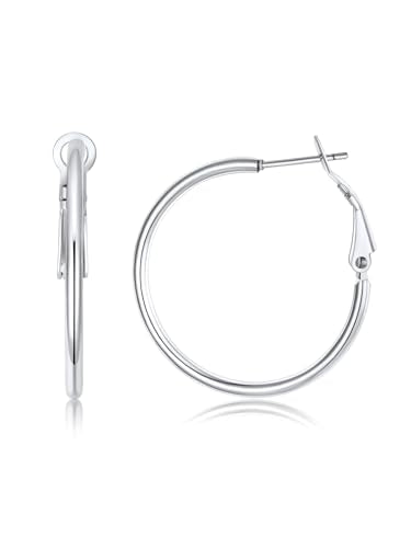 FOCALOOK 14K Gold Plated Lightweight Large Hoops| 2mm Thin Hoop Earrings for Women 30/40/50/70/100mm - color: 01.Silver, size: 30mm