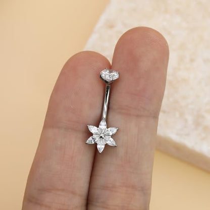 XUU Titanium Belly Button Rings 14G, Implant-Grade Navel Piercing, Luxury CZ Shape with Flower Butterfly, Hypoallergenic Curved Barbell Jewelry for Women, Gold or Silver - style: Flower-Silver