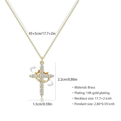 Gold Crown Cross Hoop Earrings and Pendant Necklace Set for Women, 14K Gold Plated Brass, Cubic Zirconia Huggie dangle Earring Jewelry, Trendy Dainty Christian Jewelry Gift