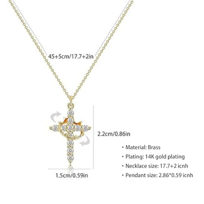 Gold Crown Cross Hoop Earrings and Pendant Necklace Set for Women, 14K Gold Plated Brass, Cubic Zirconia Huggie dangle Earring Jewelry, Trendy Dainty Christian Jewelry Gift