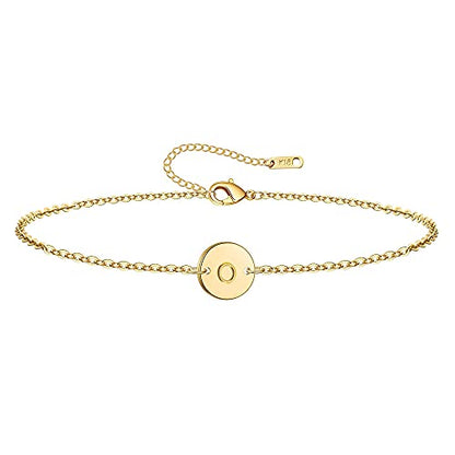 Ovian Initial Charm Bracelet for Women 18K Gold Plated stainless steel Coin Disc Engraved Letter Bracelet Personalized Monogram Name Bracelet - color: O